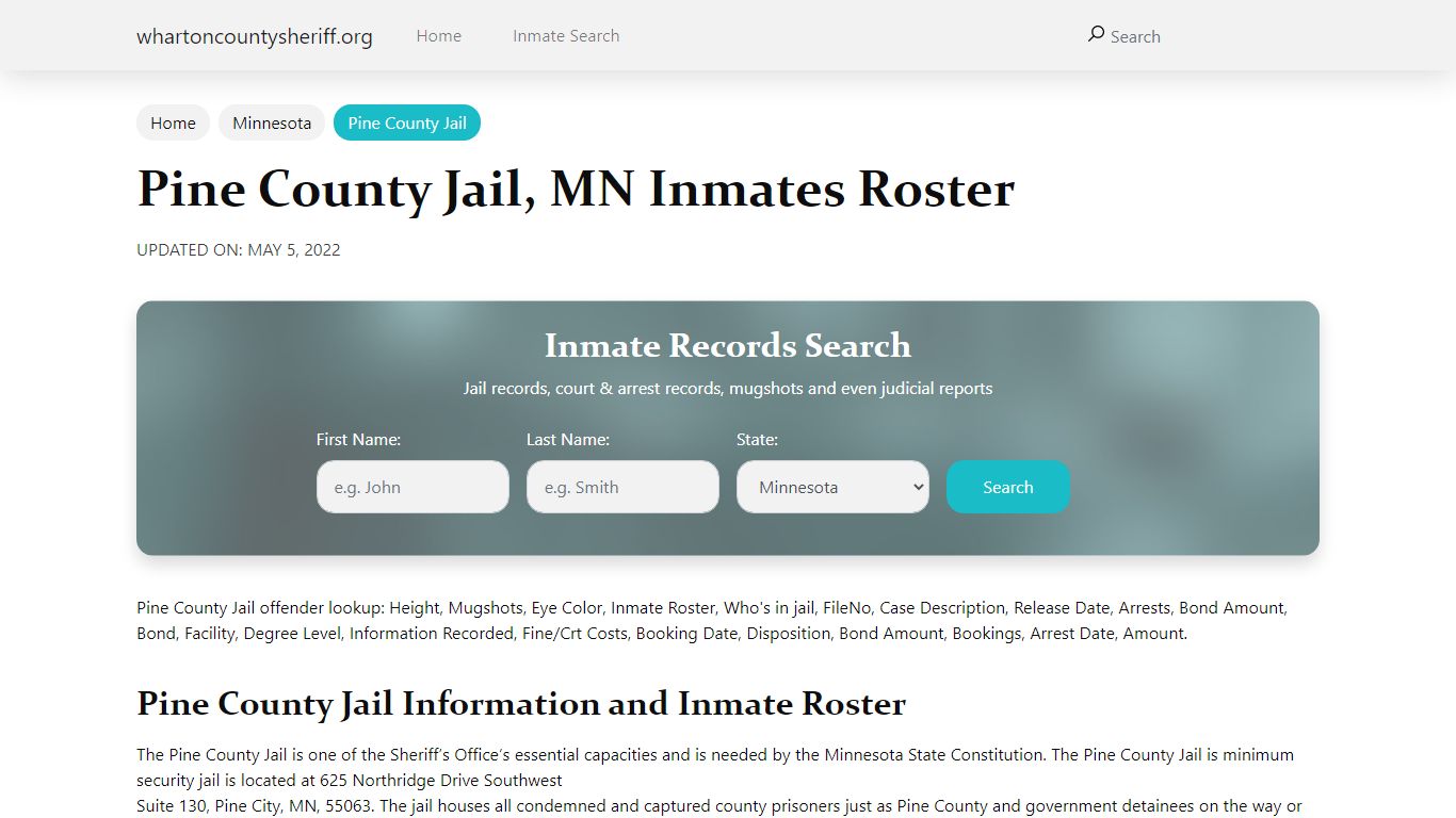 Pine County Jail, MN Jail Roster, Name Search